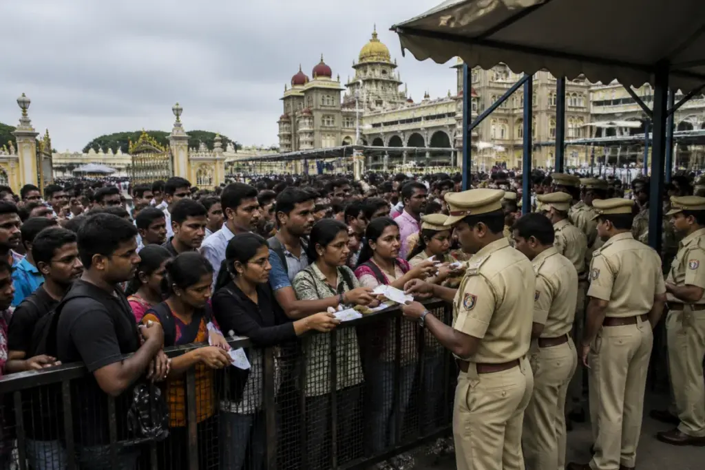 Mysuru Dasara Jamboo Savari visitors gathered near a palace entry gate