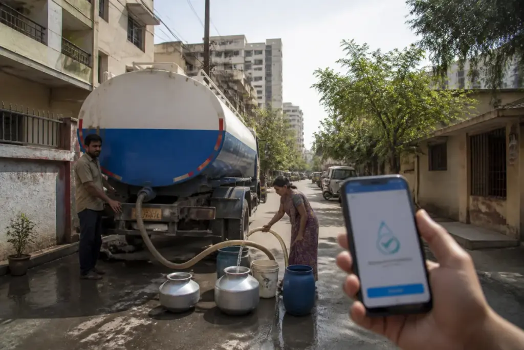 Pune OTP water tanker system shown through a municipal water tanker serving an urban neighbourhood