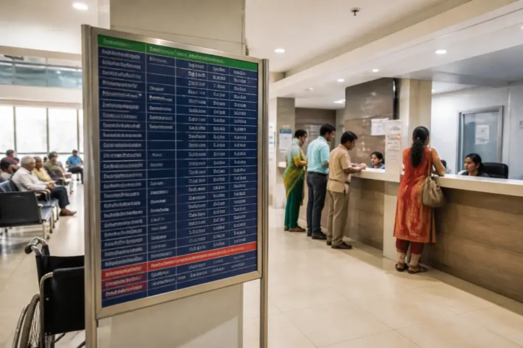 Pune private hospital rates displayed on a hospital reception notice board