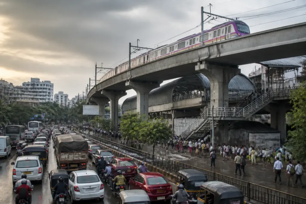 Pune Metro train and congested city traffic highlighting the Pune Metro expansion challenge