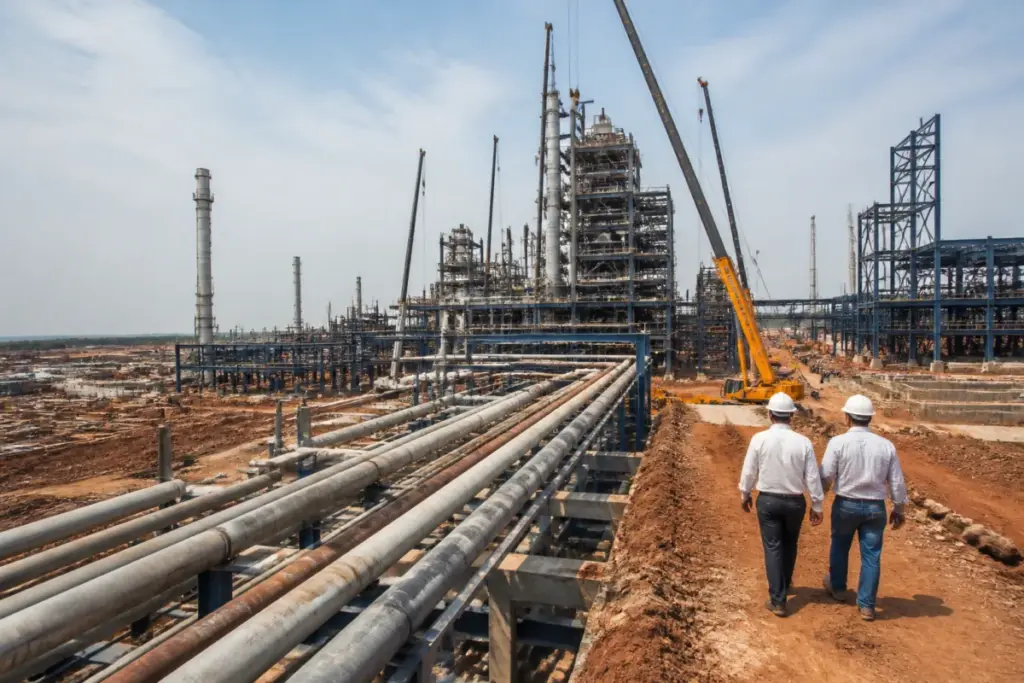 Coal gasification project construction site in Odisha with industrial equipment and cranes