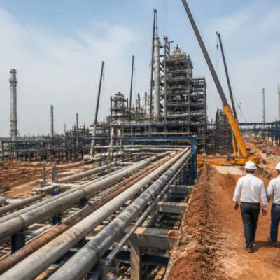 Coal gasification project construction site in Odisha with industrial equipment and cranes