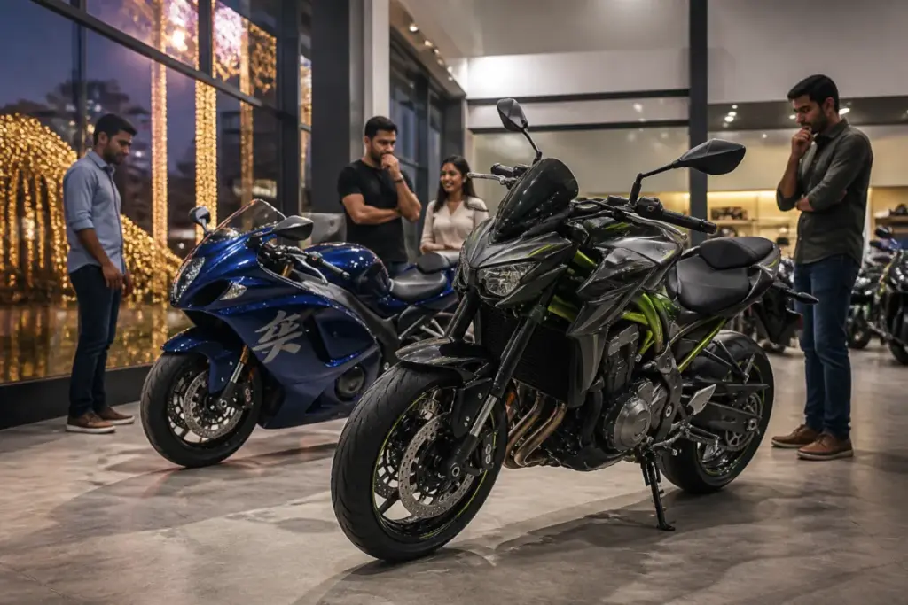 Premium motorcycle market models displayed in an Indian showroom