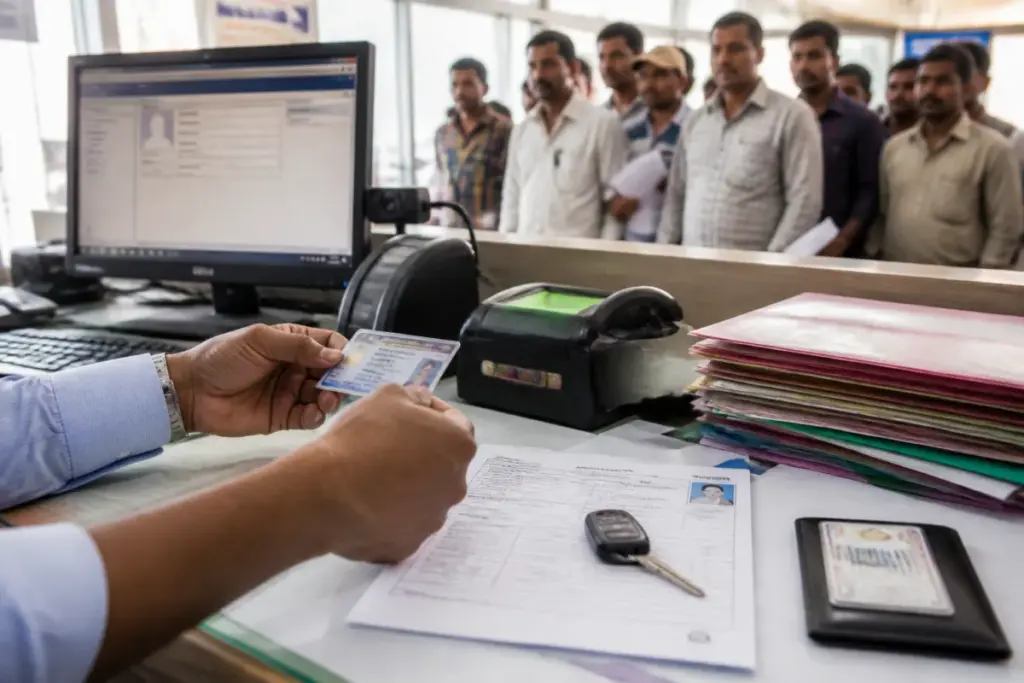 Driving licence new rules document beside an Indian driving licence and vehicle keys