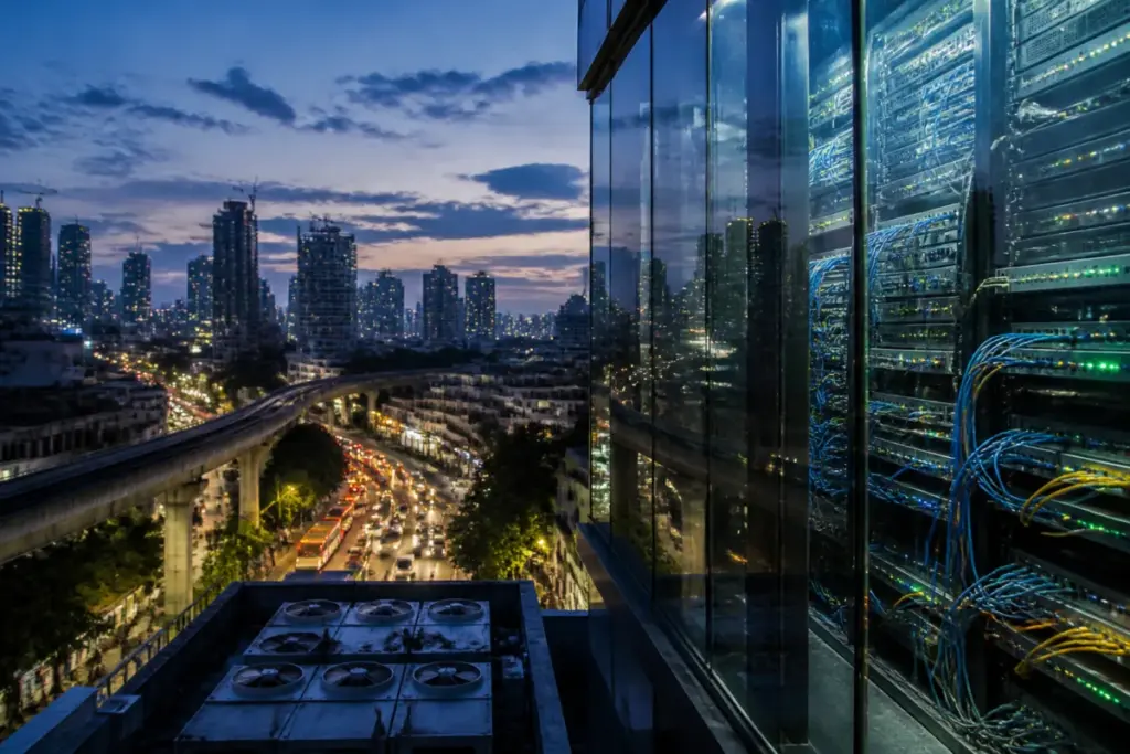 Digital infrastructure security concept showing an Indian city connected to cloud and cybersecurity systems