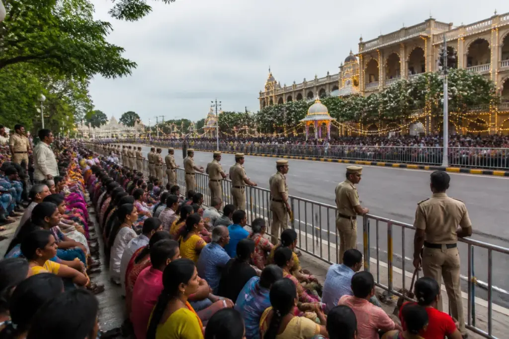 Mysuru Dasara crowd-control scene near a procession route in Mysuru