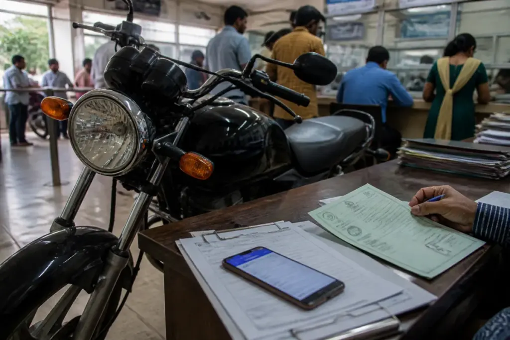 Used vehicle ownership transfer documents beside a motorcycle and RTO registration papers
