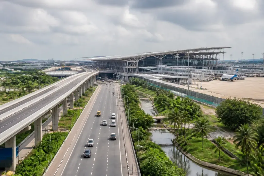 Chennai airport T5 expansion site and proposed transport links near the runways