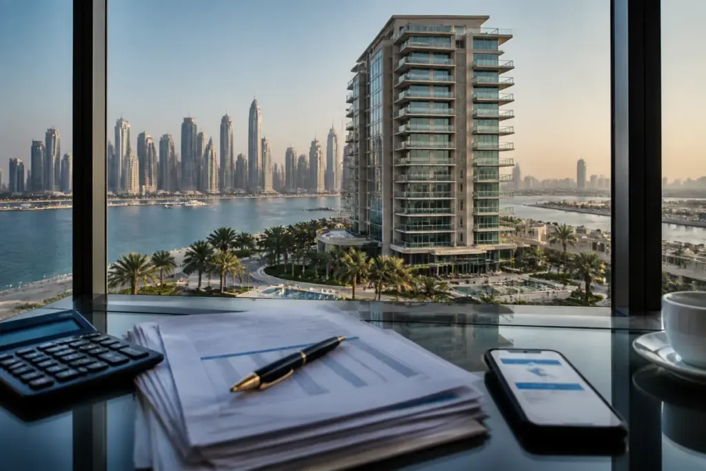 Overseas property investment represented by a modern apartment skyline and Indian financial documents