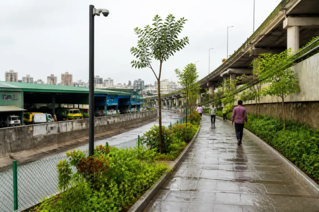 Mumbai garbage hotspots cleared beside a restored footpath and landscaped public space