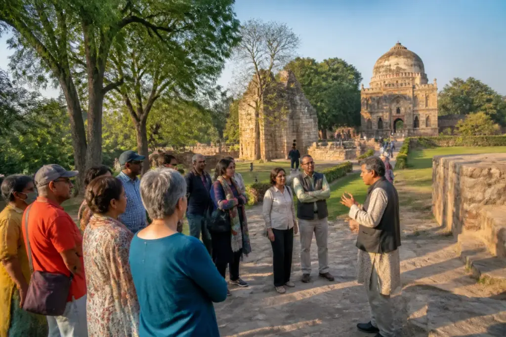 Delhi heritage walks at Mehrauli Archaeological Park among historic ruins and mature trees