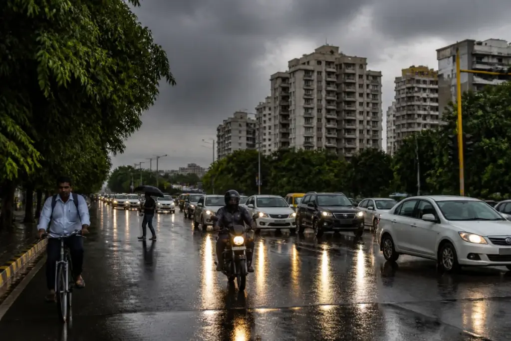 Delhi-NCR rain forecast showing a wet city road under dark monsoon clouds