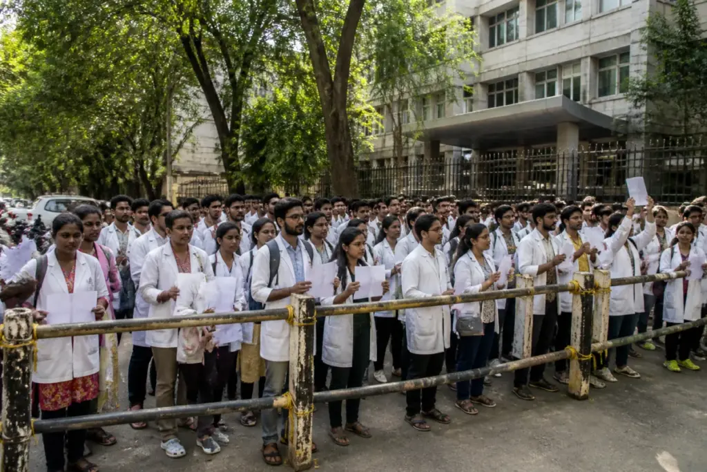 FMG interns Telangana protesting outside the Directorate of Medical Education office in Hyderabad