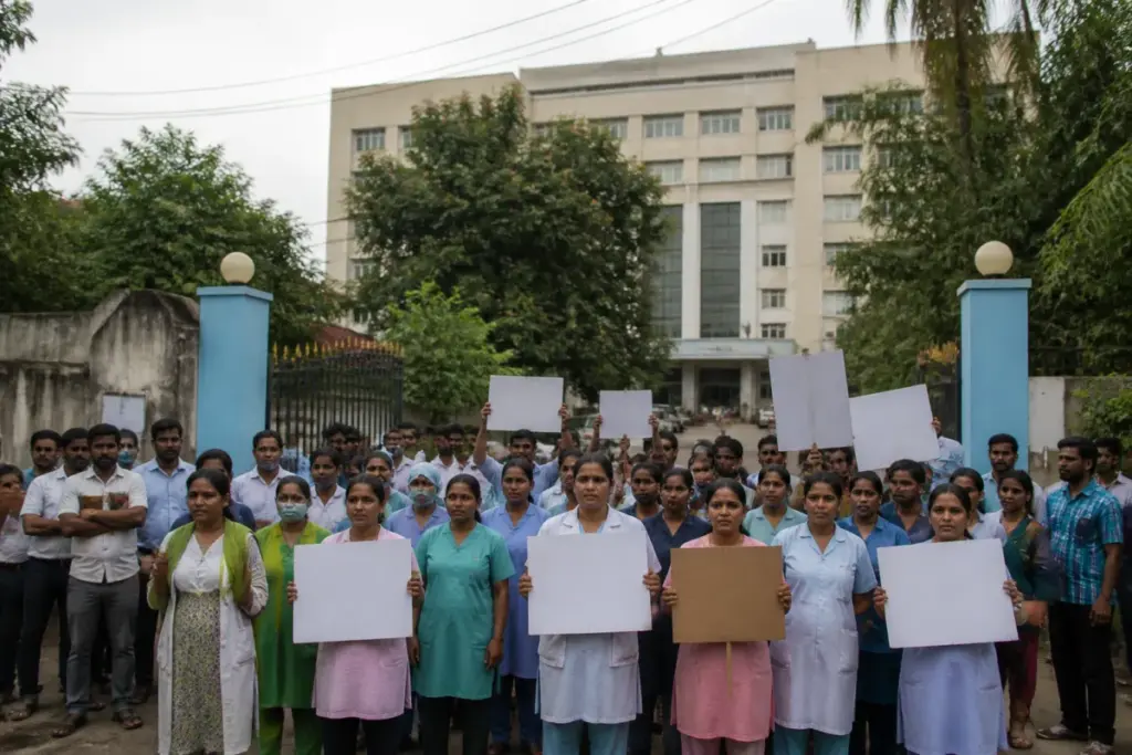 ESI Hospital workers protesting over unpaid salaries in Nacharam, Hyderabad