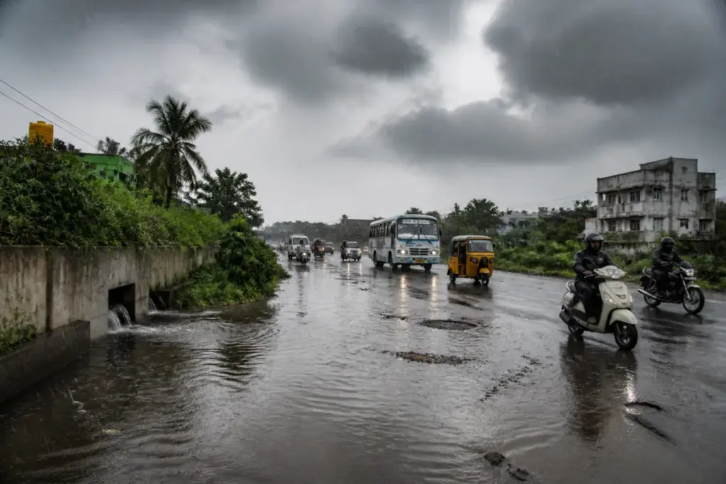 Tamil Nadu rain alert over a waterlogged coastal road during heavy monsoon rain