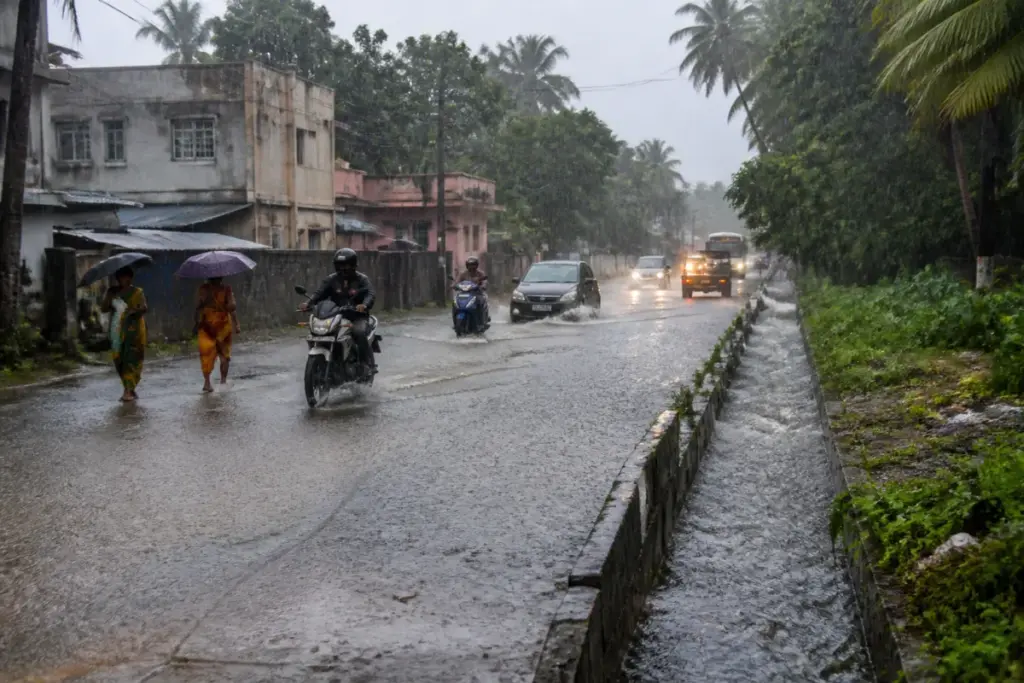 Tamil Nadu rainfall on a waterlogged urban road during a heavy monsoon shower.