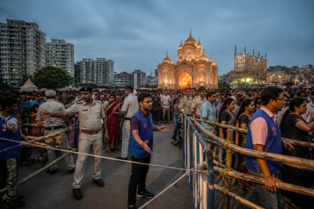 Chorebagan stampede site with a crowded Kolkata pandal and police managing visitors