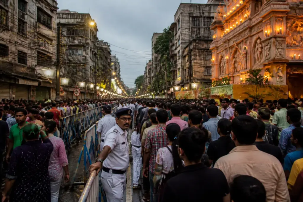 Kolkata Durga Puja stampede site near a crowded pandal and narrow city lanes