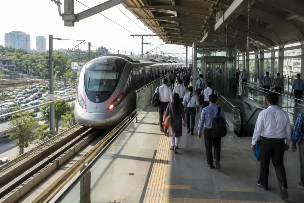 Delhi-Meerut RRTS train serving commuters at a regional transit station