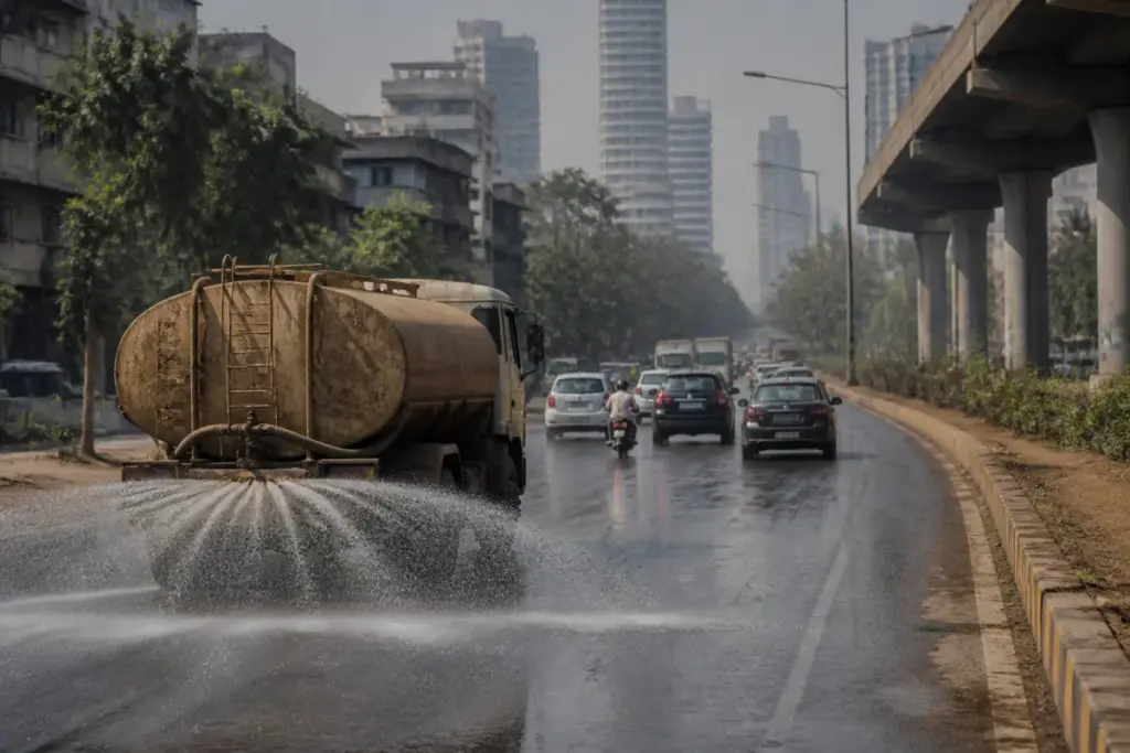 Mumbai treated sewage water tanker spraying a city road to control dust pollution