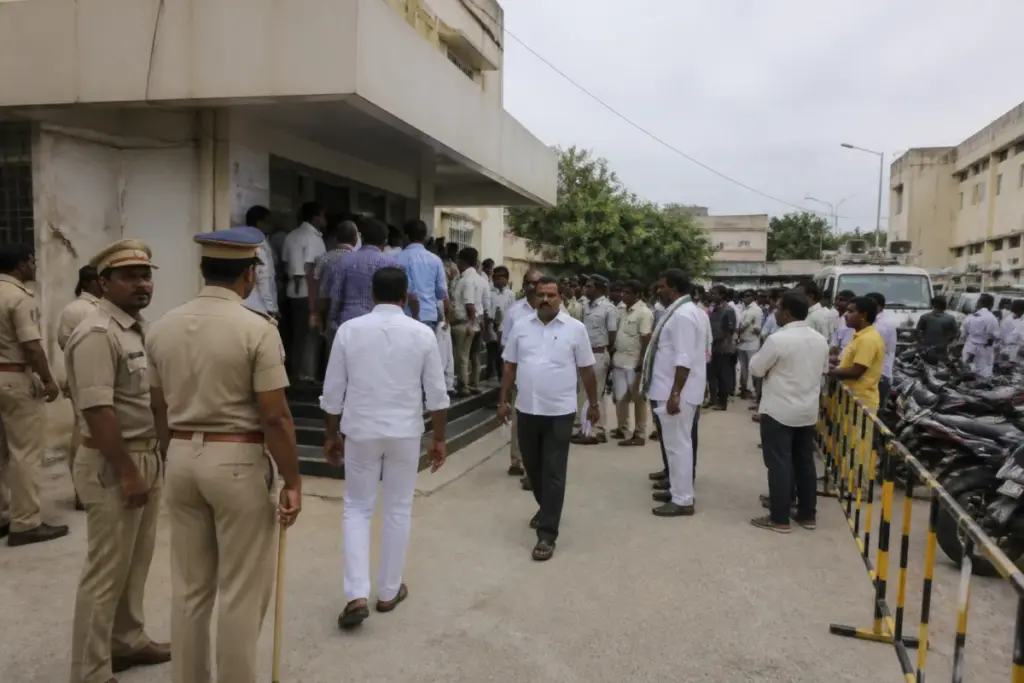 Andhra civic polls nomination activity outside a local election office in Kadapa