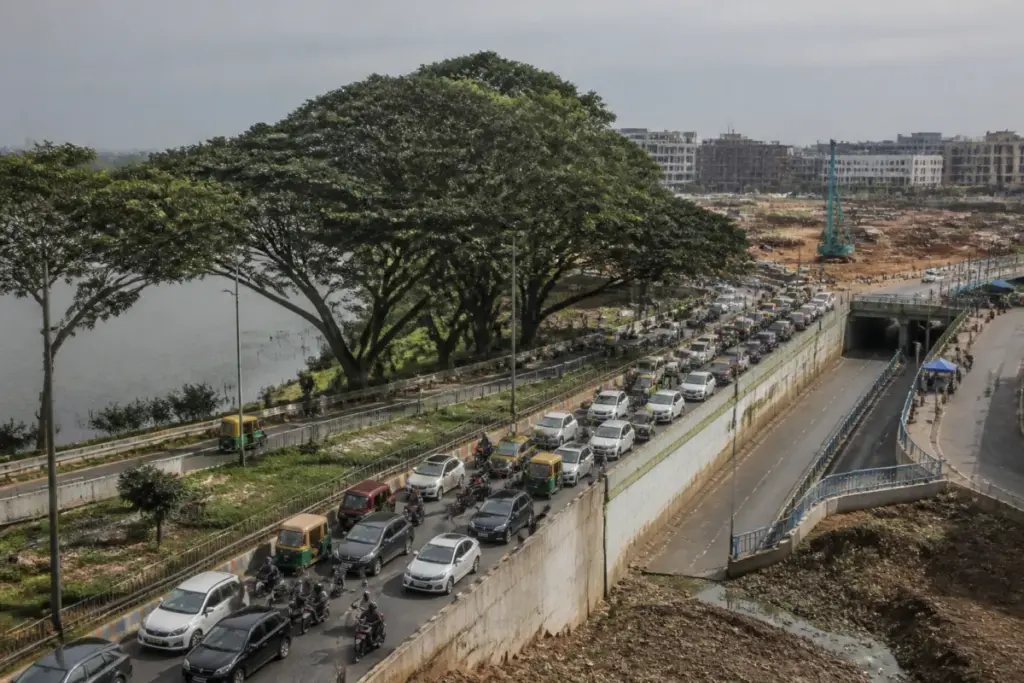 Bengaluru Hebbal tunnel route near trees and urban traffic infrastructure