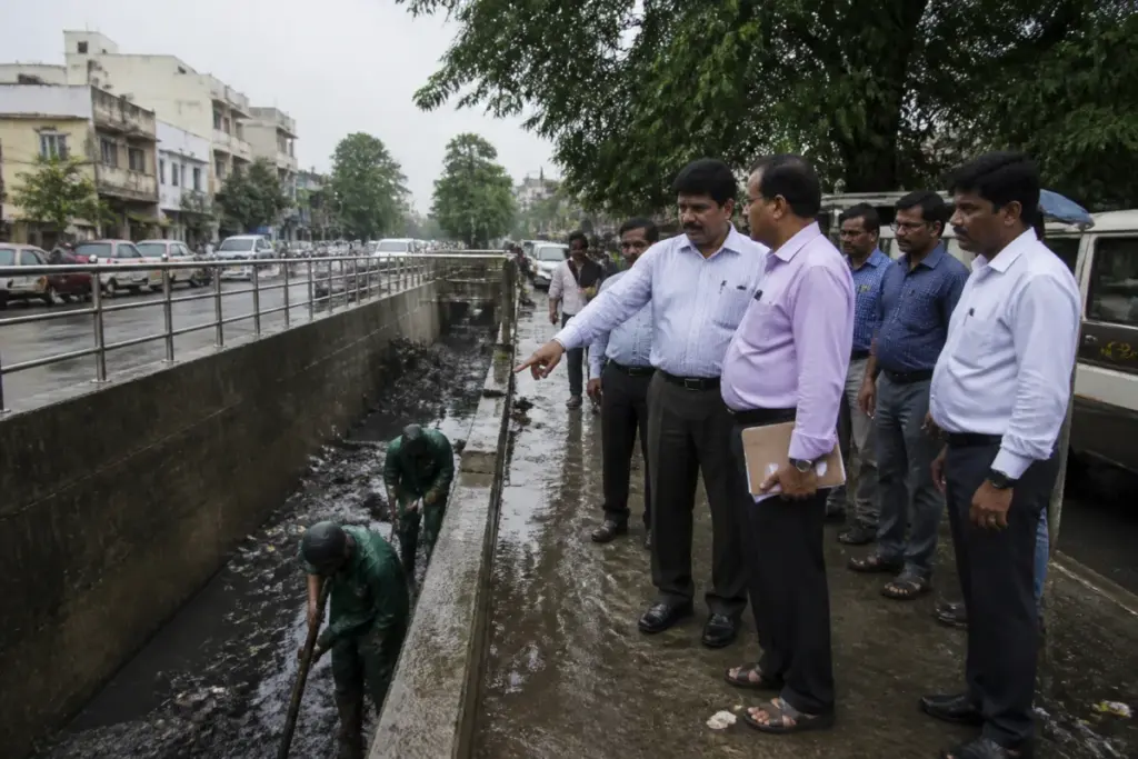 Chennai monsoon works being inspected near a storm water drain and flooded urban road