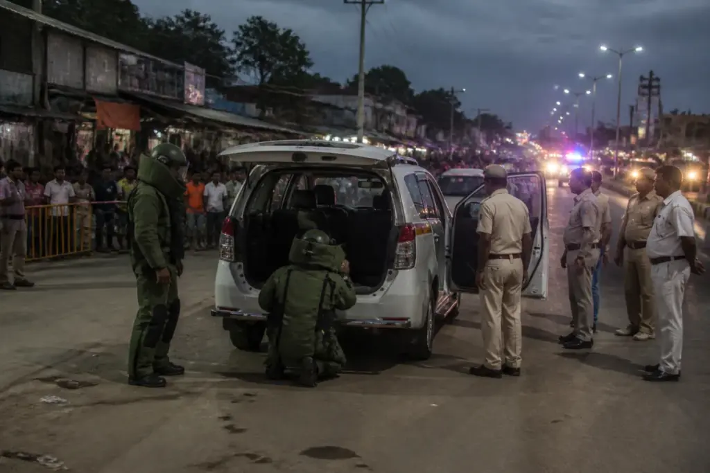 Security personnel examine a vehicle during the Duttapukur chemical recovery operation.