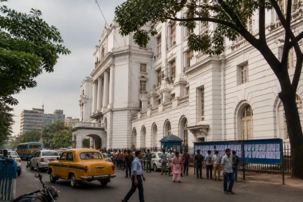 Kolkata municipal polls preparations discussed outside a civic administration building