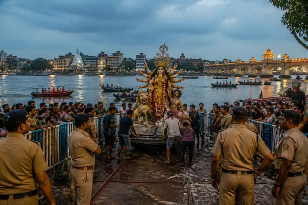 Kolkata Durga idol immersion security personnel and rescue boats at a river ghat