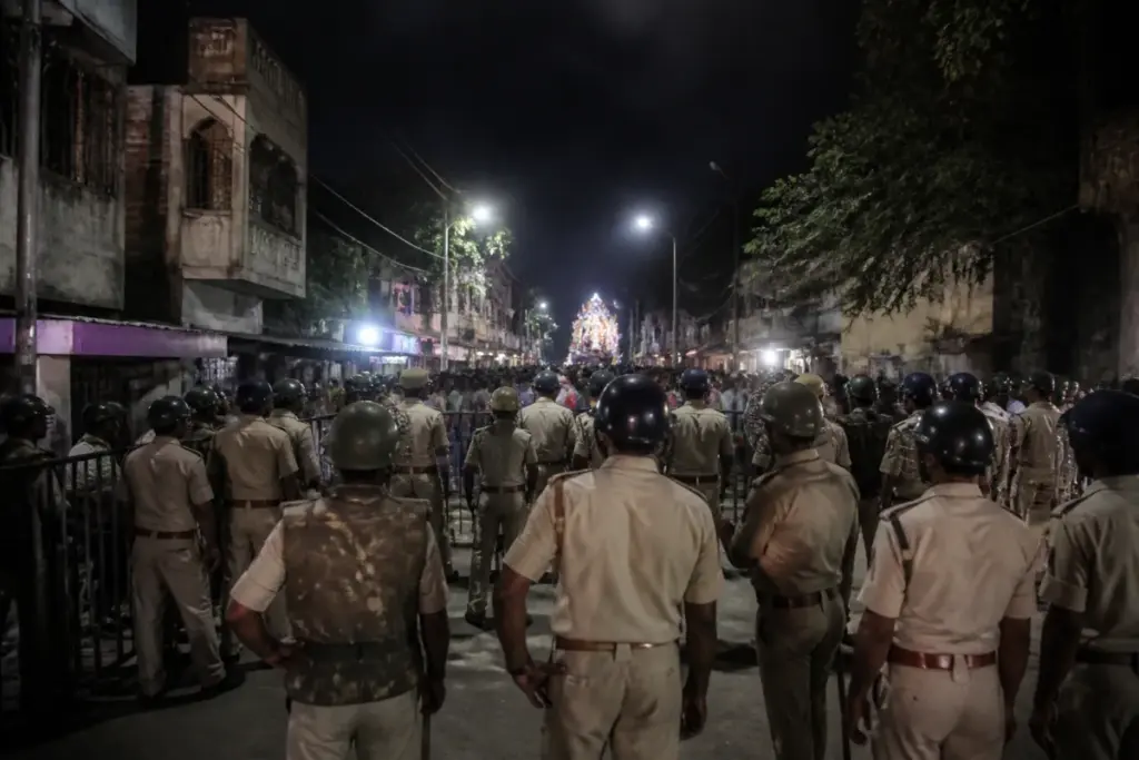 Police deployment after an Arambag clash during Durga idol immersion in West Bengal