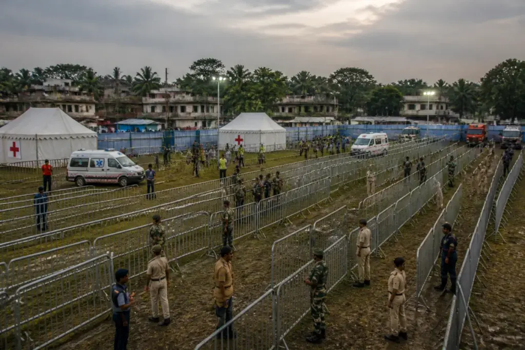 Crowd-safety barriers and emergency access at a Bengal festival venue after the Chorbagan stampede