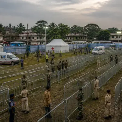 Crowd-safety barriers and emergency access at a Bengal festival venue after the Chorbagan stampede