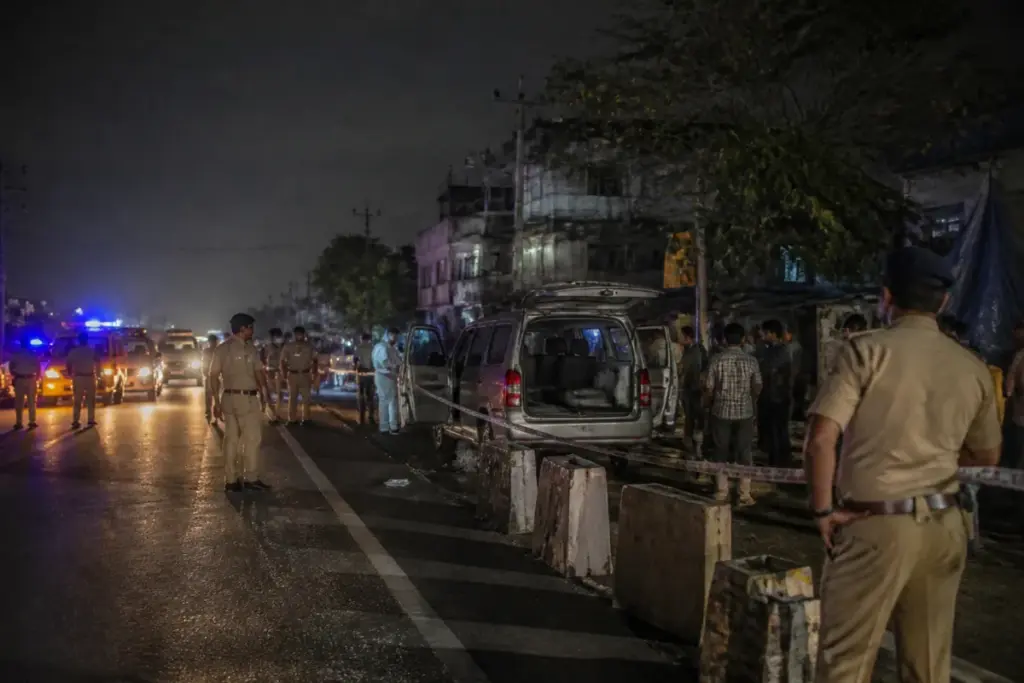 Police cordon near Duttapukur after an explosives-laden vehicle was recovered on Jessore Road