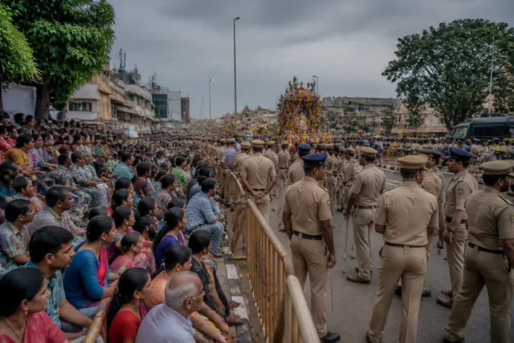 Mysuru Dasara procession crowd near Highway Circle during reported police lathi charge