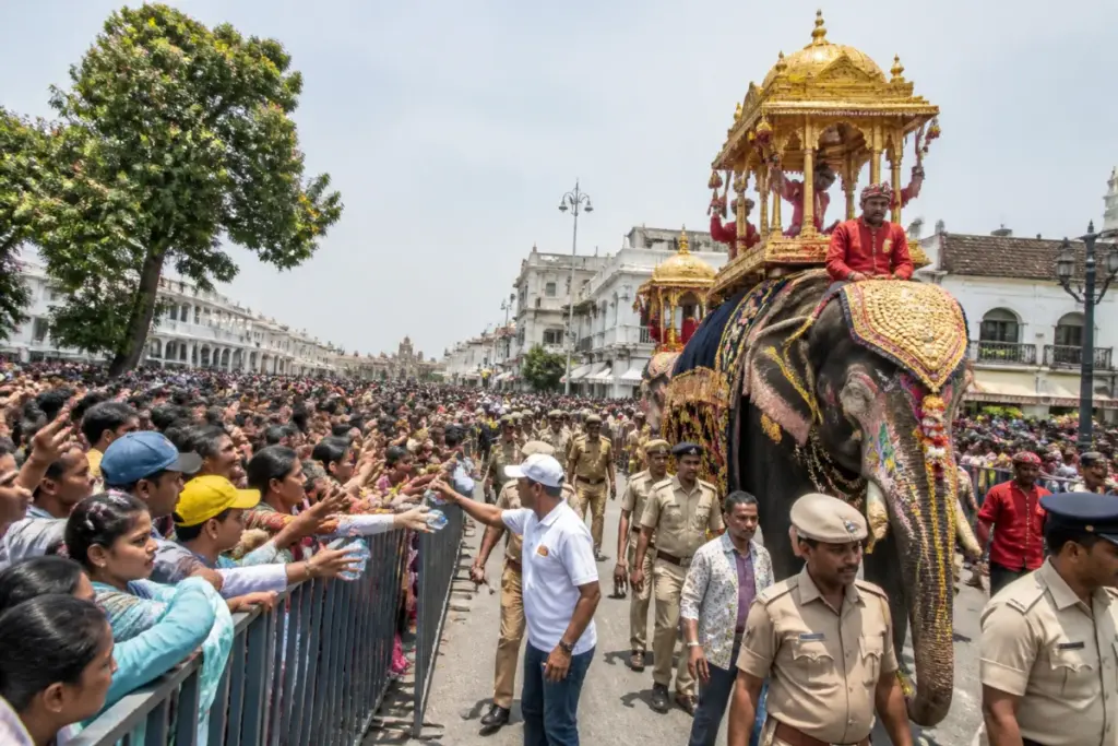 Mysuru Dasara procession moving through a dense crowd behind police barricades
