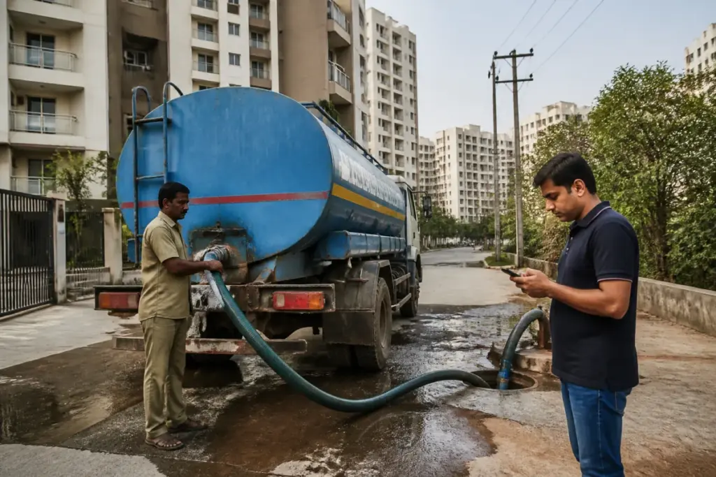 Pune water tanker delivering water to a housing society during a citywide monitoring debate.