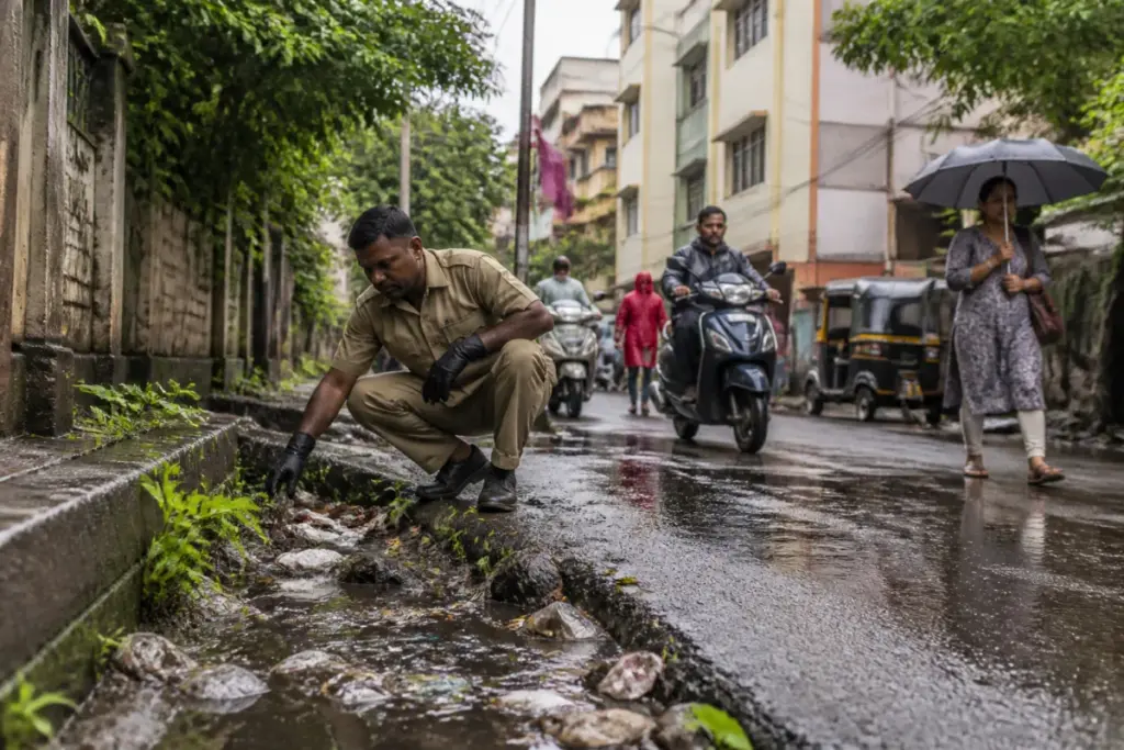 Pune dengue outbreak concerns near a clogged urban drain and accumulated garbage