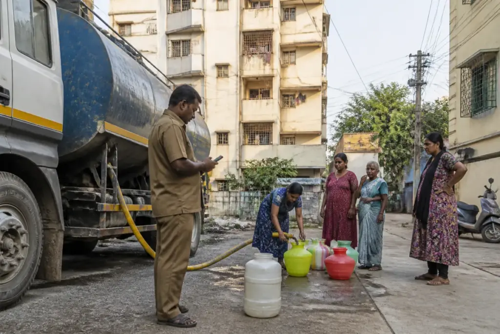 Pune OTP tanker system shown through a municipal water tanker serving a residential neighbourhood
