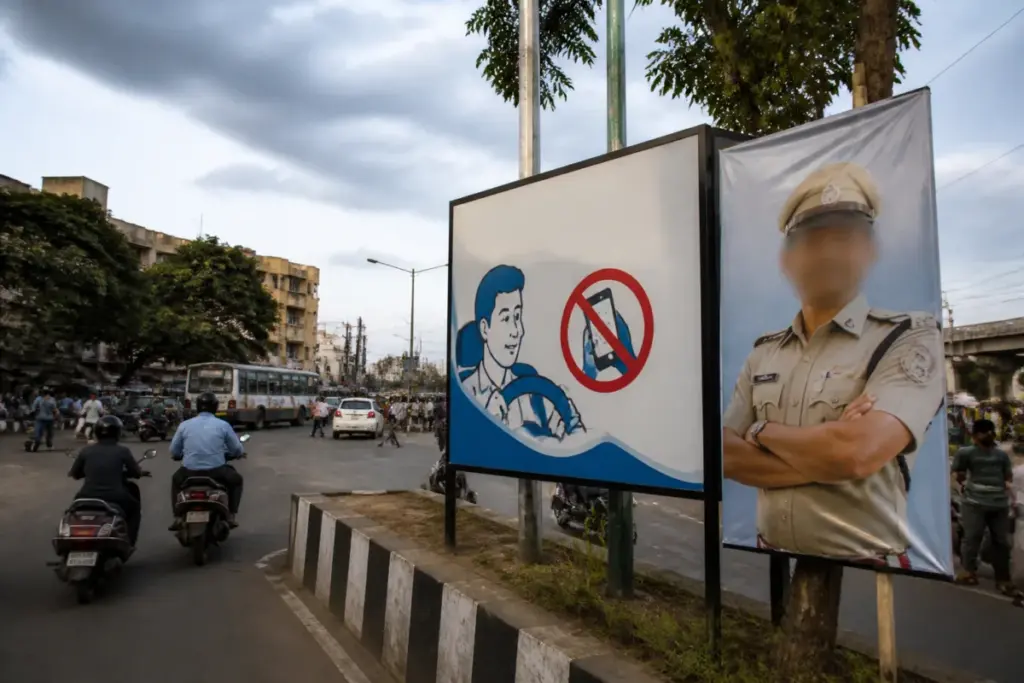 Pune illegal flex banners beside a civic warning board on Sinhagad Road