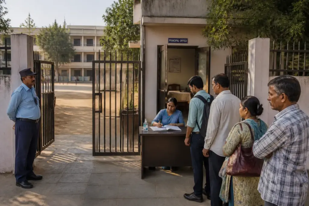 Gujarat school entry rules displayed at the entrance of a government school in India
