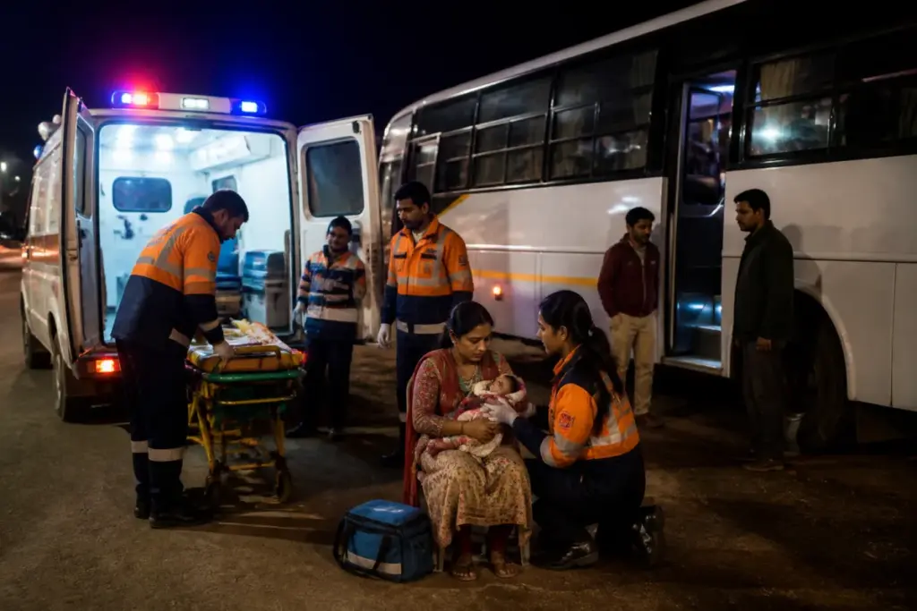 108 ambulance service team assisting a mother and newborn beside a highway bus in Gujarat