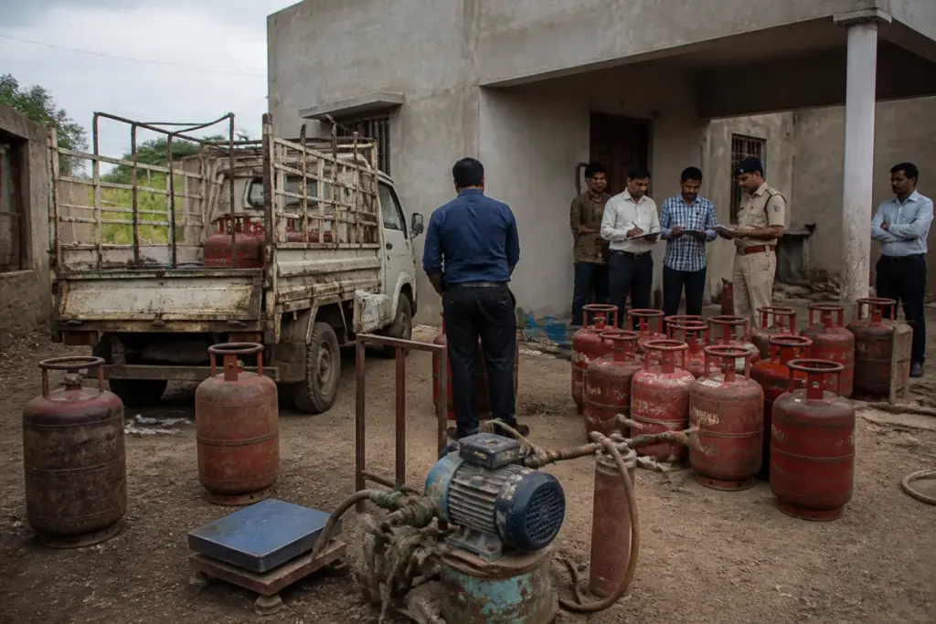 Illegal LPG refilling raid with seized gas cylinders and equipment in Kheda