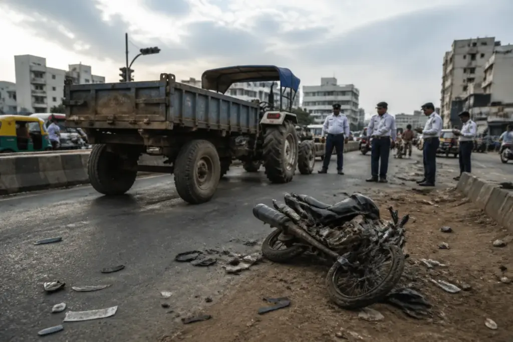 Ahmedabad road accidents involving a motorcycle and municipal tractor trolley on an urban road
