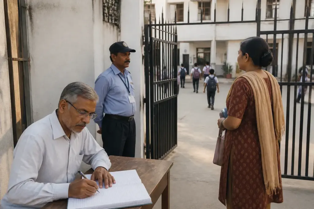 Gujarat school safety rules shown at a school entrance with controlled visitor access