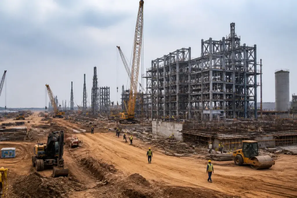 Odisha coal gasification project under construction with industrial structures and heavy equipment