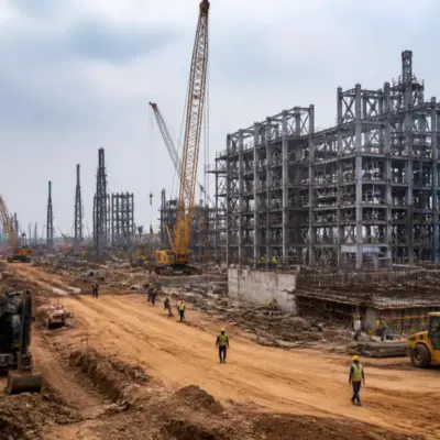 Odisha coal gasification project under construction with industrial structures and heavy equipment