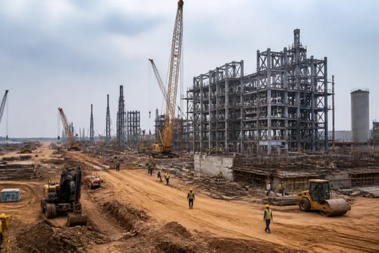 Odisha coal gasification project under construction with industrial structures and heavy equipment