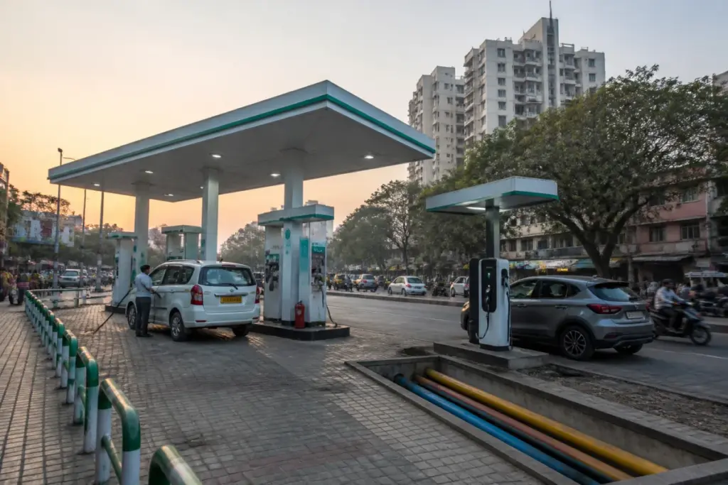 Adani Total Gas CNG station and urban gas distribution infrastructure in an Indian city
