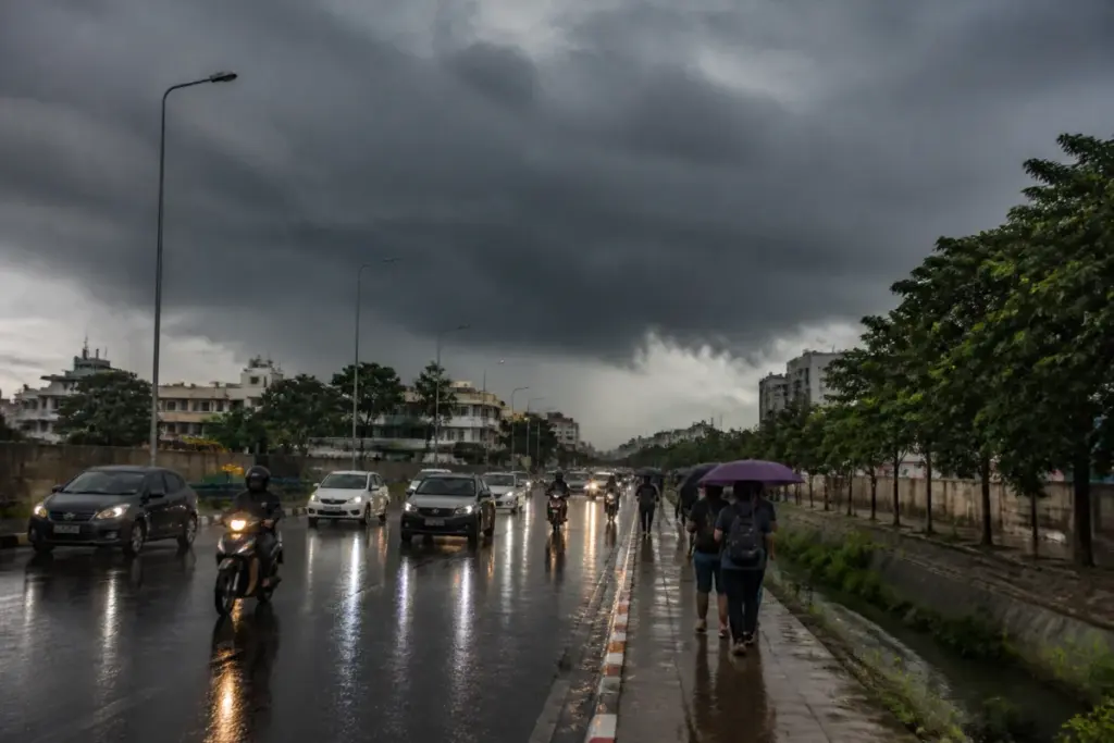 Karnataka rain forecast showing thunderstorms over a Bengaluru urban road